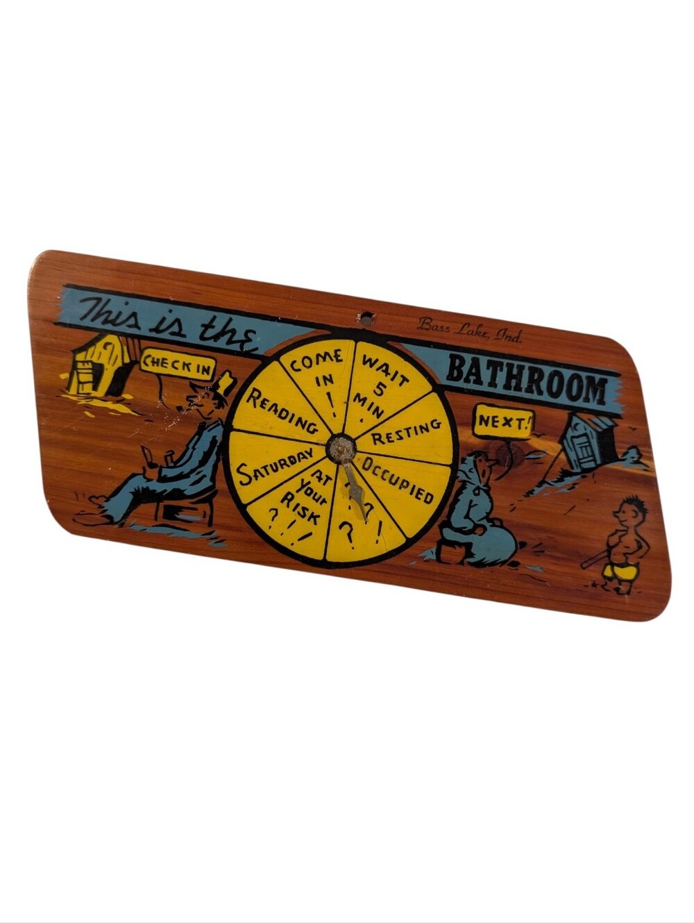 Vintage Wooden Bathroom Status Indicator Spinner Sign Bass Lake Indiana 4x8